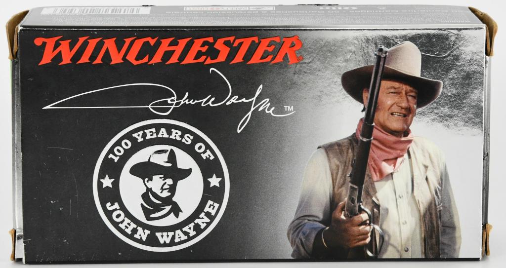 .45 Long Colt Collectible John Wayne Cartridges: Up Next We have a Brand New Factory Box of 50 Rounds of .45 Long Colt Collectible John Wayne Cartridges. 250-grain Lead bullet, 750 fps, 50 rounds. Here's your chance to own a piece of the Duke's incr