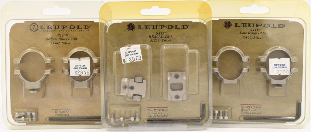 Lot of 3 NIP Leupold STD Scope Rings: Lot of 3 NIP Leupold STD Scope Rings, This Lot Includes , 1 STD Medium Rings .770 Silver Color , 1 STD Low Rings For .650 Silver Color , & 1 STD Rem Model 7 Scope Mounts Silver Color New In Package