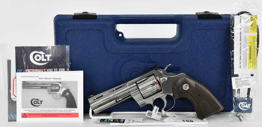 Brand New Colt Python .357 Magnum Revolver 4.25": Up Next We Have a Brand New Unfired Colt Python Revolver Chambered in .357 Magnum, 4.25" Barrel, 6 Round Cylinder, Walnut Target Grips, Semi-Bright Stainless Steel Finish and Comes in the Factory Hard