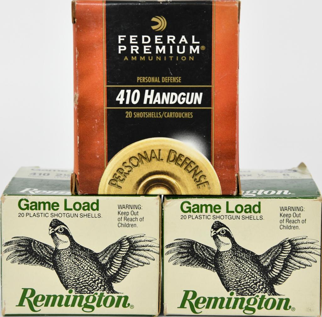 56 Rounds Of .410 GA Plastic Shotshells: 56 Rounds Of .410 GA Plastic Shotshells, 20 Rounds Are Federal Premium 2 1/2" Buckshots 4 Bellets 000 Buck , & 36 Rounds Are Remington 2 1/2" Max 1/2 Oz 6 Shot Game Loads