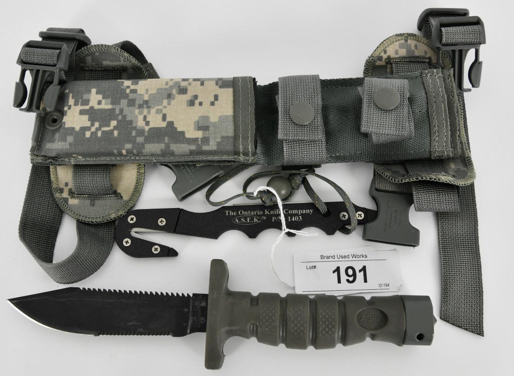 Ontario GI Asek Tactical Survival Knife: Ontario GI Asek Tactical Survival Knife U.S. military Aircrew Survival Egress Knife system 1095 carbon steel blade .1875" thick. 5" blade; 10 1/4" overall. Hardness Rc 50-54. Zinc phosphate finish to 