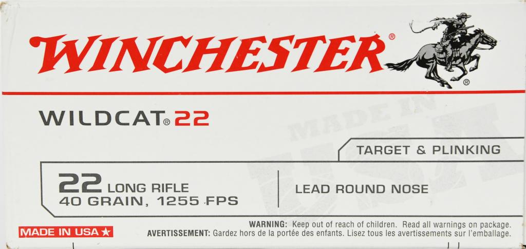 500 Rounds Winchester Wildcat .22LR Ammunition: 500 Rounds Winchester Wildcat .22LR Ammunition Target & Plinking 40 Grain Wildcat Ammo Caliber: .22 Long Rifle Bullet Type: Lead Round Nose (LRN) Bullet Weight: 40 Grains Rounds: 500 Round Brick Muzzl
