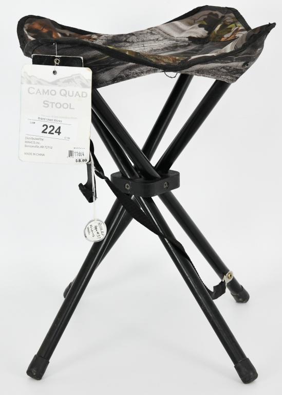 Camo Quad Stool by Chisholm Trail: Rugged polyester seat, strong 4-leg construction, Sturdy steel frame, convenient carry strap, folding and portable, comes with a carry strap, comes with tags.