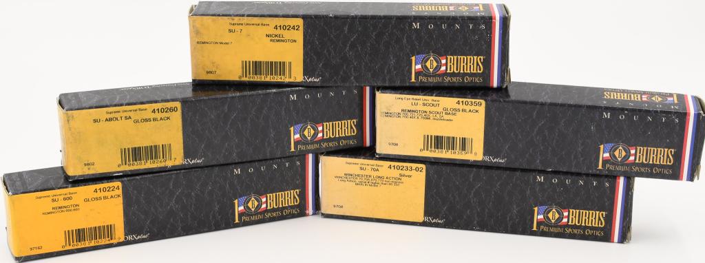 Lot of 5 New In Box Burris Scope Bases: Lot of 5 New In Box Burris Scope Bases, This Lot Includes 1 Long Eye Relief Universal Base LU-Scout Gloss Black, 1 Supreme SU-7 For Remington Model 7 Nickel , 1 Supreme Universal Base SU- 70A For Winc