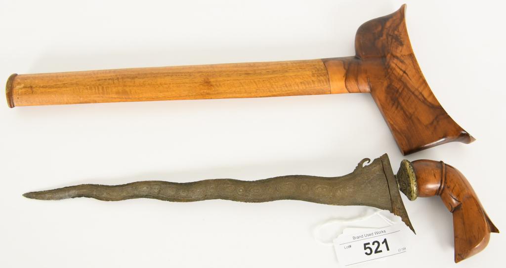 Antique Indonesian Teakwood Kris With Wood Hilt: Antique Indonesian Teakwood Kris With Wood Hilt, wavy double edged blade, figured and straight grained wooden scabbard, Blade Measures Approx 12 1/2" Long & Measures Approx 16" Overall , Wooden Hilt M