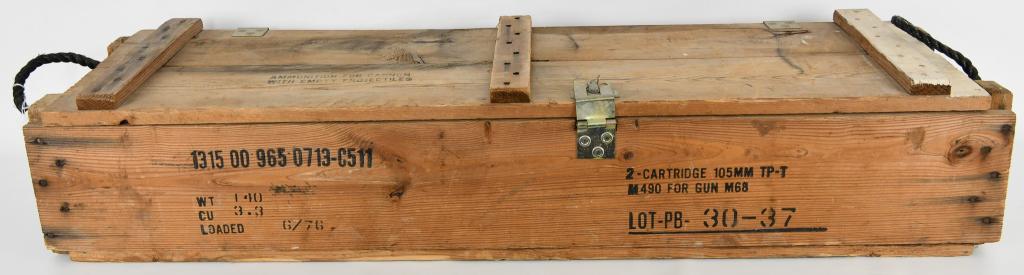 Large 105mm Empty Canon Projectile Crate: Large 105mm Empty Canon Projectile Crate, Military Projectile Empty Wood Crate , Measures Approx 45 1/2" x 8" x 14" Has Handles, Military Marked