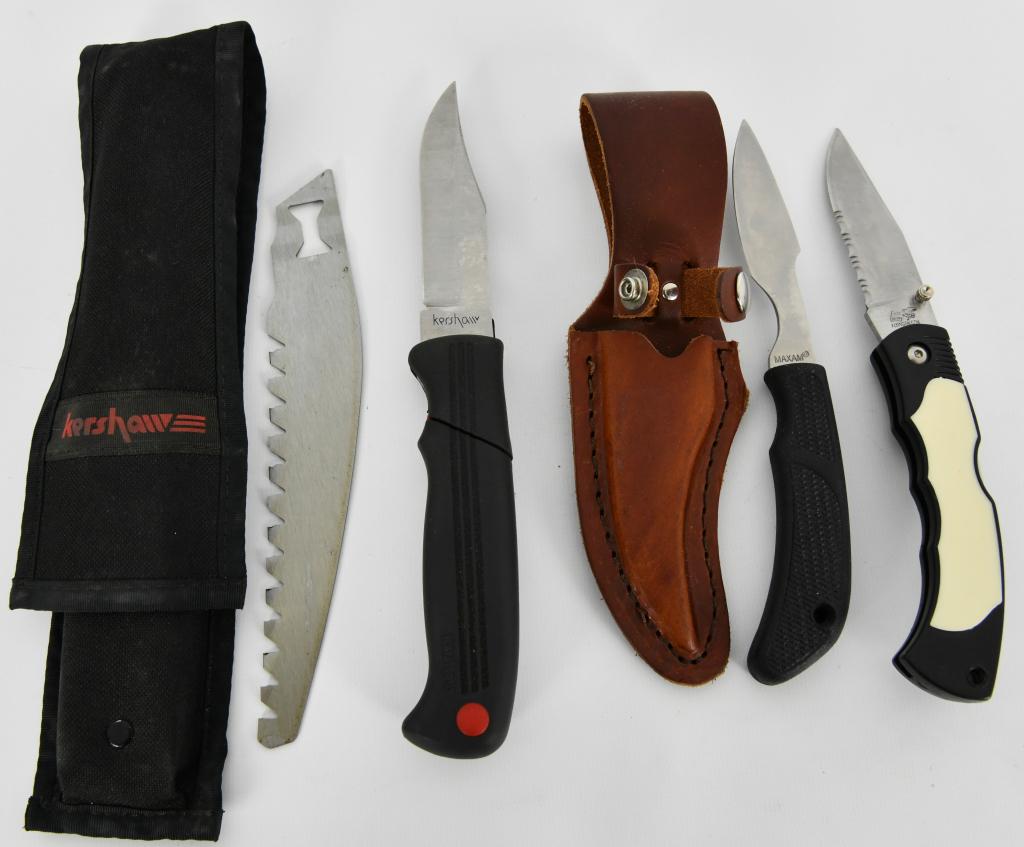 Lot of 3 Fixed Blade & Folding Knives: Lot of 3 Fixed Blade & Folding Knives, This Lot Includes , 1 Frost Cutlery Flying Falcon Folding Knife , 1 MFG USA Maxam Headquarters Fixed Blade Knife with Leather Sheath, & 1 Kershaw Fixed Blade Mea