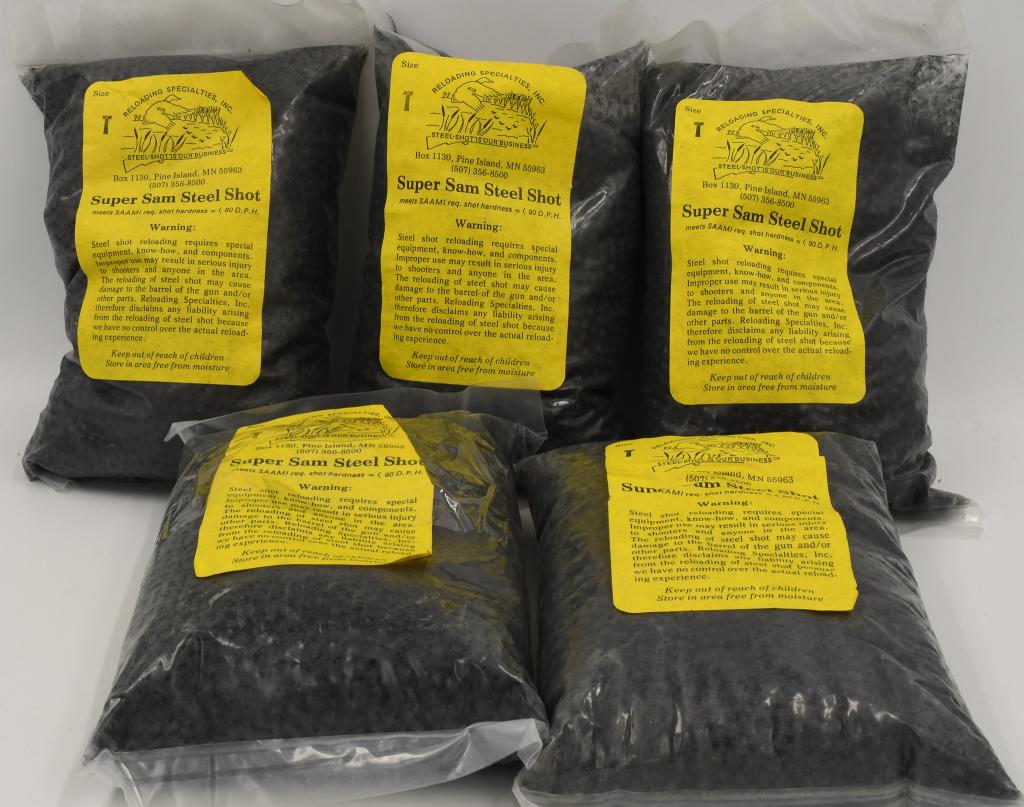 (5) 10 LB Bags New Super Sam Steel Shot: lot contains 5 ten pound bags of the Super Sam Steel Shot which meets SA AMI Requirement shot hardness = 90 D.P.H