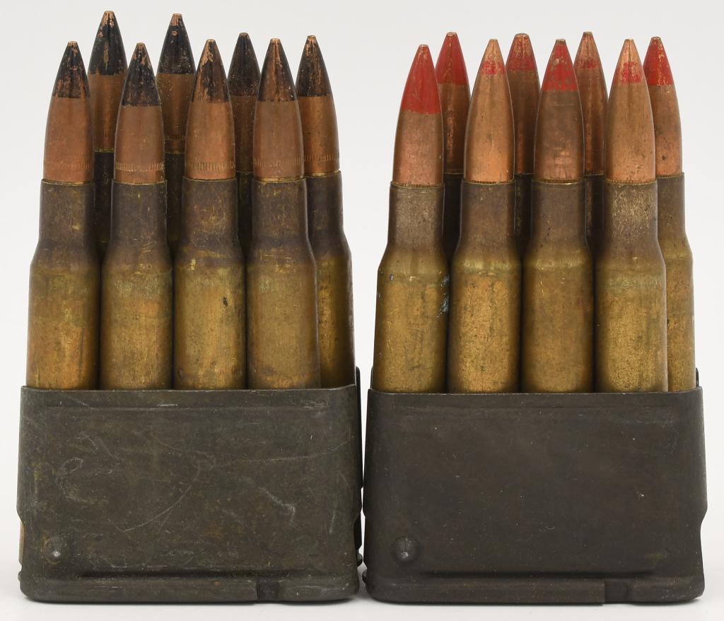 (2) M1 Garand Clips 8 rds ea of .30-06 ammo: one: clip has the armor piercing rounds and one clip has he tracer rounds each clip holds 8 rounds