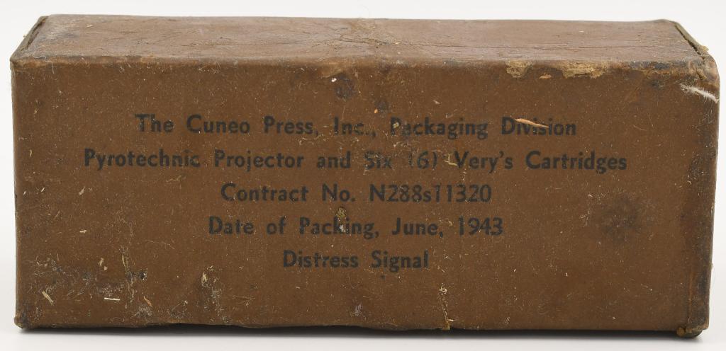 RARE & Hard to find WWII Sealed box of: Pyrotechnic Projector; and Six (6) Very's Cartridges dated June 1943 and called "Distress Signal" done by The Cuneo Press, Inc, Packaging Division, there is a contract number of N288s11320, super cool