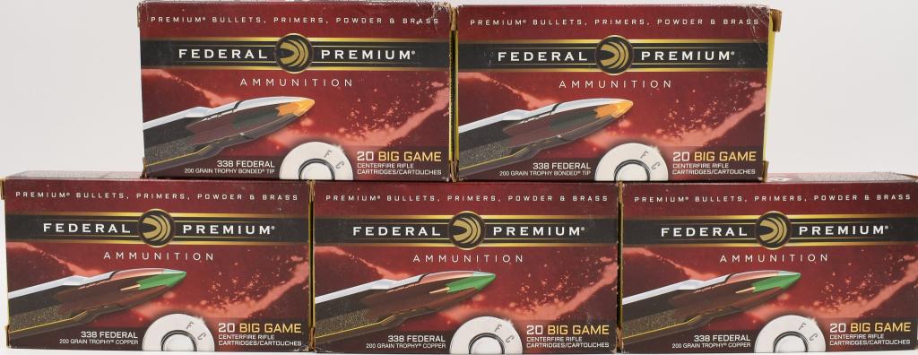100 Rds 338 Federal Big Game 200 Gr: Premium Bullets, primers, Powder & Brass, there is three boxes (60 rds) that are Trophy Copper and 40 rds (2 boxes) that are Trophy Bonded Tip.