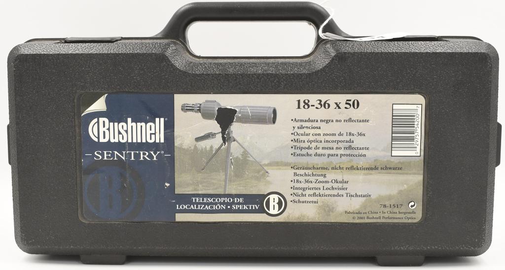 Bushnell Sentry 18-36x50 Spotting Scope: Silent non reflective black armoring, 18x-36x zoom eye piece, built in peep sight, non reflective table top tripod, protective hard case. comes to you in super nice pre owned condition!!!