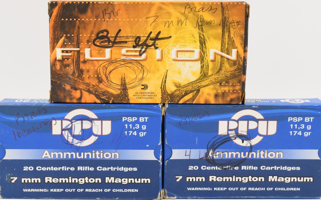 56 Brass Casings 7MM Rem Mag: Lot contains 36 brass casings 7MM Rem Mag PPU and 20 Brass Casings FUSION 7MM Rem Mag