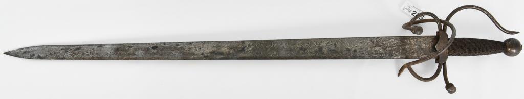 Ancient Colada of Cid sword: Spanish Rapier style sword with embellished blade marked 'Colada-del cid', translated as 'The Lord of the Kingdom', elaborate guard and etched blade featuring scrollwork and man on horse, has the wire