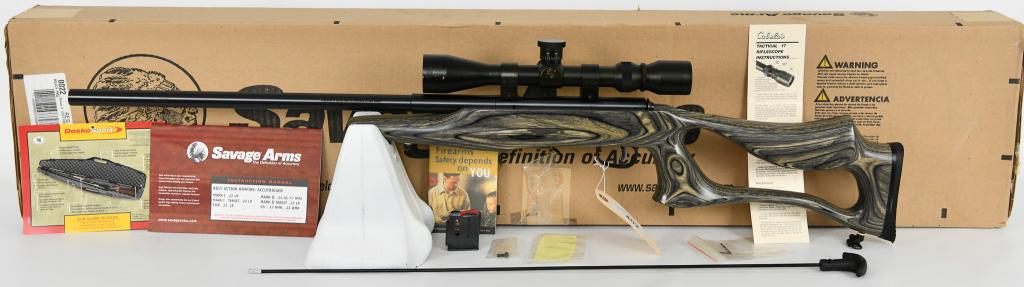 Savage Model 93R17 Bolt Action Rifle .17 HMR: Up Next We Have a Nice Savage Model 93R17 Bolt Action Rifle Chambered in .17 HMR, Thumbhole Laminate Stock in Gray, Accutrigger, Comes With Two Magazines, Paperwork, in The Factory Box, and Topped Wit