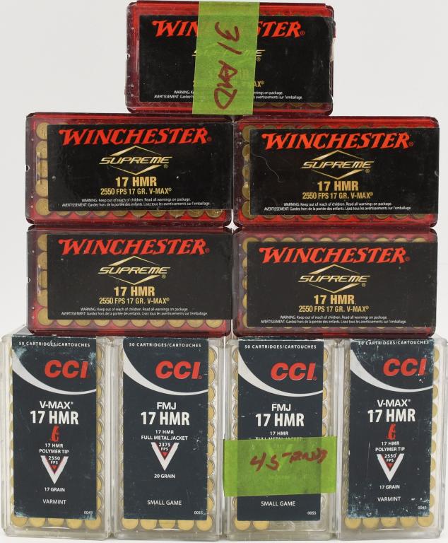 426 Rounds Of .17 HMR Ammunition: 426 Rounds Of .17 HMR Ammunition, 100 Rounds Are CCI V-Max Polymer Tip Varmint Ammunition , 95 Rounds Are CCI Full Metal Jacket 20 Grain Small Game Ammunition, & 231 Rounds Are Winchester Supreme 2550