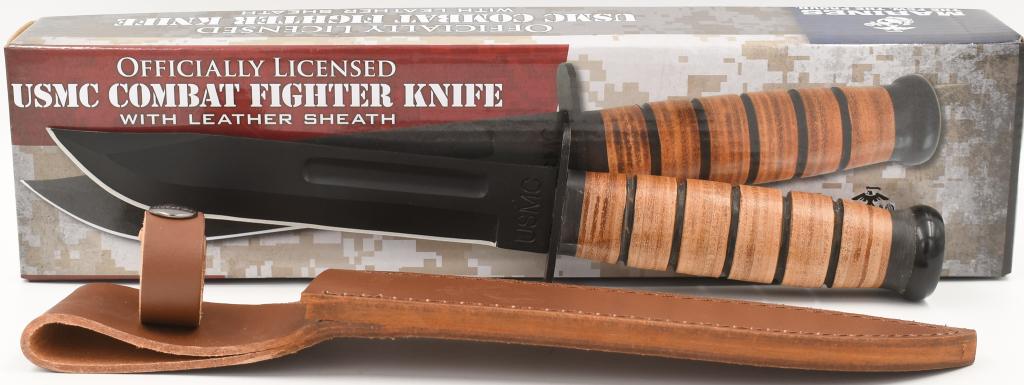 USMC Combat Fighter Knife and Sheath: United Cutlery's up to date USMC fastened-blade knife includes a rock-forged 420 Stainless-steel blade with a Warmth-handled black end. The 7? blade is razor sharp with a stated clip aspect and heavy 