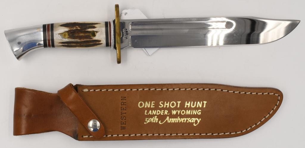 Western One Shot Hunt 50th Annivery Bowie Knife: with Leather Sheath; Western W46-8 Stag One Shot Hunt 50th Anniversary Bowie Knife, made in 1990. Blade has etch of indian tee pee and head of antelope with 50th Anniversary Lander Wyoming 1940-1990.B