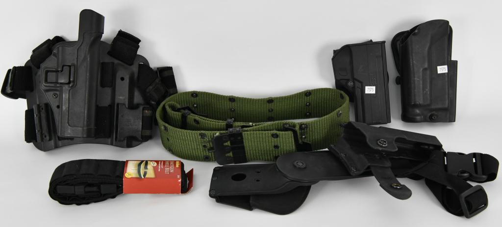Lot of 4 Various Holsters & 2 Slings: Lot of 4 Various Holsters & 2 Slings, This Lot Includes 1 Sig Sauer P250 Full Size & Compact Right Handed Holster, 1 Safari Land Clock 20/21 M3 Light Left Handed Holster, 1 Fobus Glock 2 EMZ Holster ,