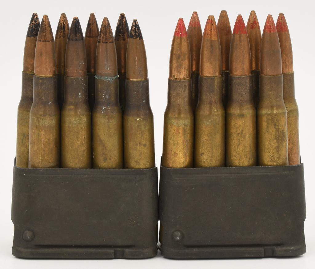 (2) Rare Enbloc M1 Garand clips with .30-06 rds: each clip holds 8 rds - one of the clips has armor piercing rounds and one clip has tracer rounds, great collectible lot,