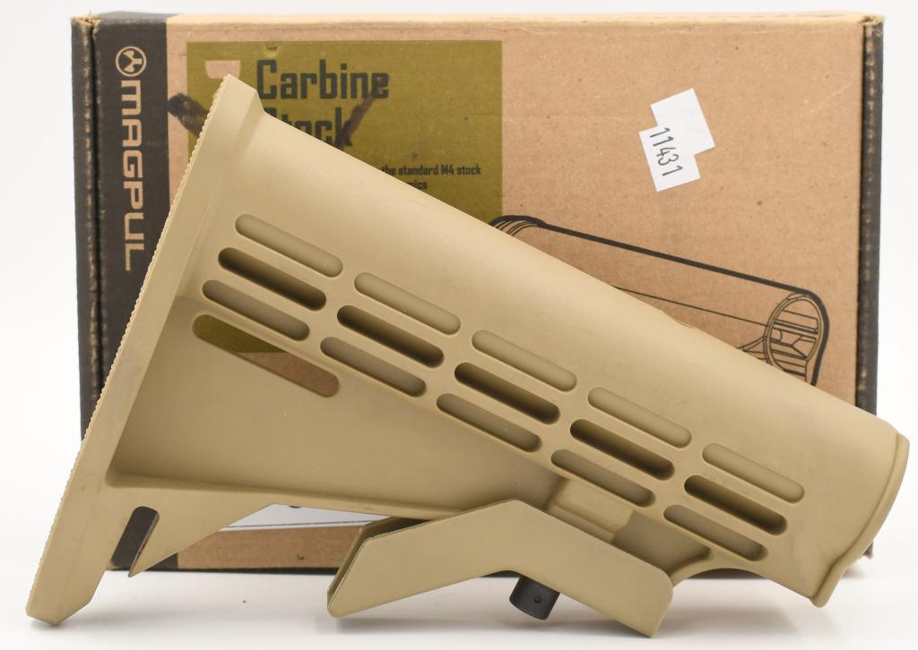AR15 Standard Carbine Mil-Spec Buttstock in Tan: Fits AR-15 Mil-Spec Buffer Tubes, Adjustable Carbine Style Buttstock, Polymer Construction,Ergonomically engineered to provide control and a solid cheek weld. appears in real nice pre owned condition