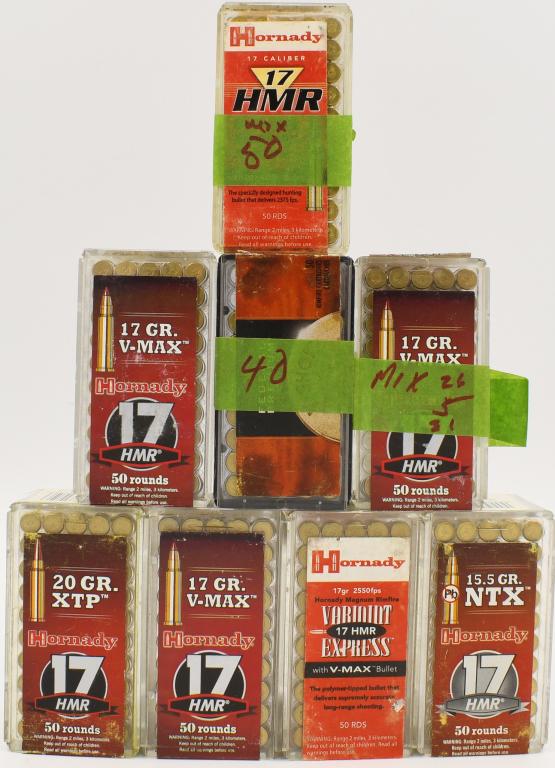 371 Rounds Of .17 HMR Ammunition: 371 Rounds Of .17 HMR Ammunition , 100 Rounds Are Hornady V-Max 17 Grain Ammunition , 50 Rounds Are Hornady 15.5 Grain NTX, 50 Rounds Are Hornady 20 Grain XTP, 50 Rounds Are 17 Grain Varmint Express W