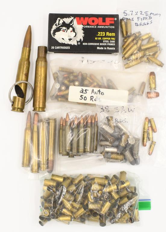 Random Ammo Lot: .223 / 25 auto 300 win mag & more; this is a fun ammo lot, contains various ammo and brass; There is a box of .223 Rem 62 grain Copper FMJ Wolf ammo, (20 cartridges) there is one .375 H&H mag, there i