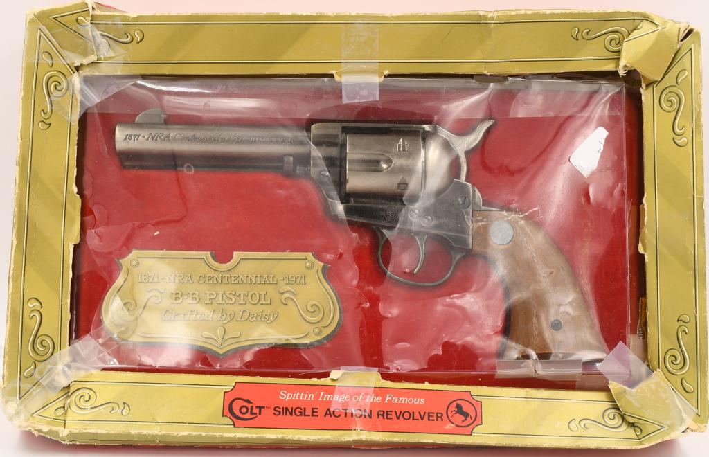 1871-1971 NRA Centennial B*B Pistol Crafted by: Daisy; Spittin' Image of the Famous COLT Single action Revolver, A salute to the National Rifle Association, Celebrating 100 years of Sport Shooting. This Revolver has the look and Feel and comes with