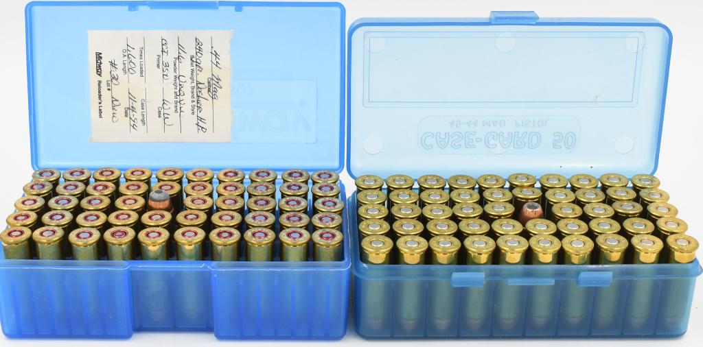 100 rds .44 mag re-manufactured ammunition: Great lot of .44 mag, there is two plastic storage containers each holding 50 rounds per container, one plastic container shows the stats of the re-manufactured ammunition, which shows 240 grain Head 