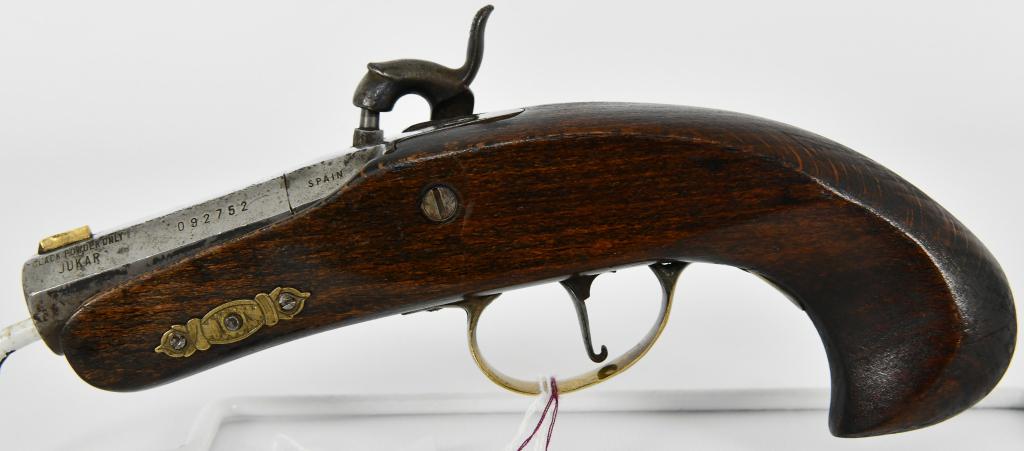 Contemporary Jukar Philadelphia Derringer .45 Cal: Here We Have a Contemporary Jukar Philadelphia Derringer Chambered in .45 Caliber, 2 1/4" Barrel, Marked Spain, Brass hardware, Overall in Great Condition.