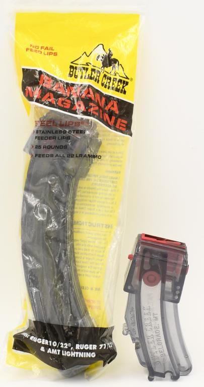 Butler Creek Banana Mag & 10 rd Hot lip mag: the Banana Magazine is new in the package, fits Ruger 10/22, Ruger 77/22 and the AMT Lightning, the smaller hot lips mag is clear polymer and holds 10 rds and is stack able with other similar mags