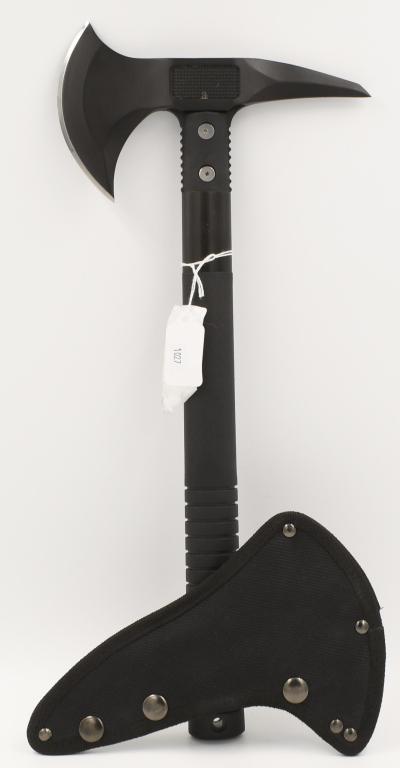 USA Tactical Tomahawk Axe Hatchet - Black - USA: 16 Inch Overall Length Tactical Axe Hatchet. 18MM Thick Black Stainless Steel Blade. Black Nylon Fiber Handle. Includes 600D Nylon Sheath Super nice pre owned condition for your bidding pleasure!