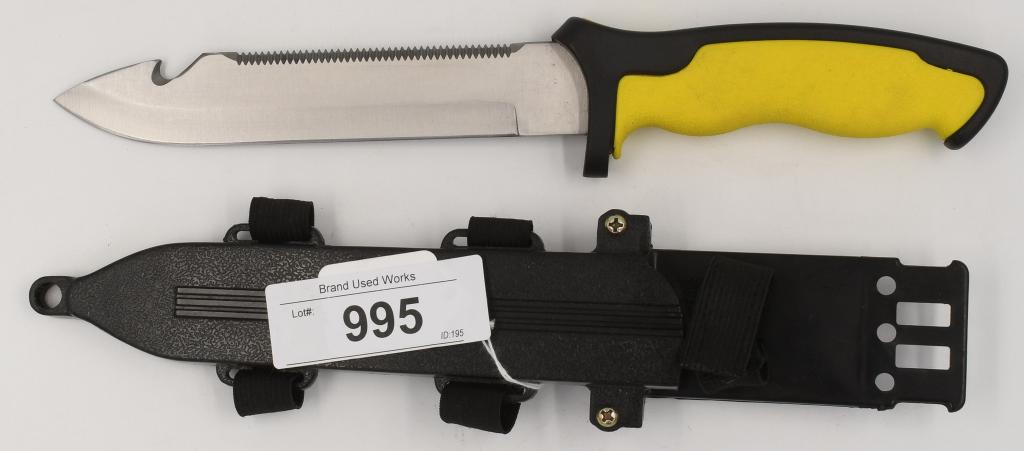Defender Xtreme Tactical Hunting Knife & sheath: Rubber Yellow and black handle with finger grooves for better grip, the blade is serrated on one end with a hook, the other side is a straight blade, the blade measures approx 6.5" overall length is a