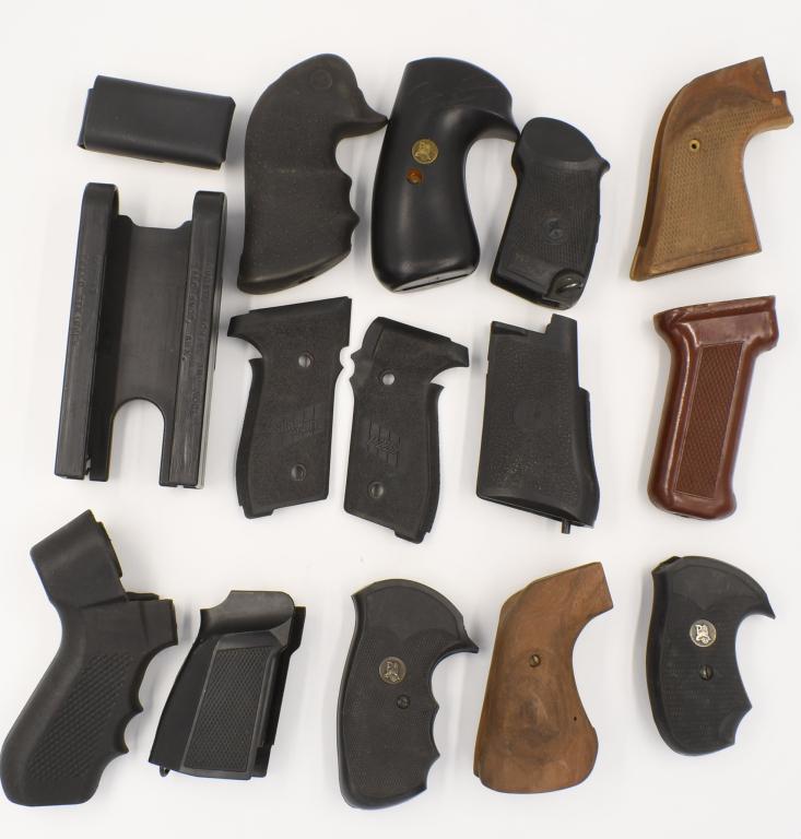Large Lot of misc Grips Various sizes and MFG 12: sets; 1 grip is IMI, one is Rubber Hogue monogrip, one is Pachmayr Gripper 2 pc with screw, says its for Smith and wesson round butt, comes with logo on both panels, there is a grip that is unbranded