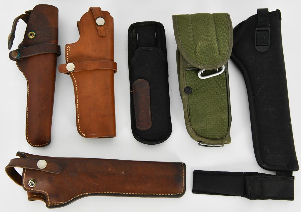 Lot of 7 Various Leather & Nylon Holsters: Lot of 7 Various Leather & Nylon Holsters, This Lot includes , 1 Brown Leather Marked 38 Holster Barrel Length Measures Approx 8" Long , 1 Smith & Wesson 21 Marked 83 Brown Leather Holster Right Hande