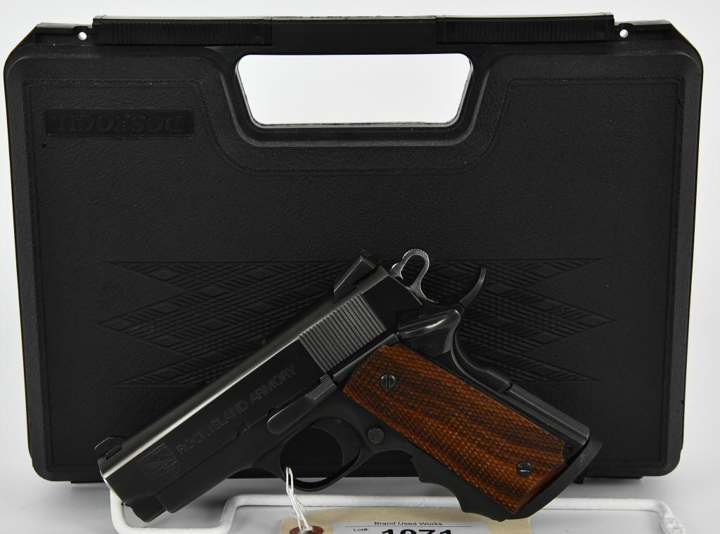 Rock Island 1911 Compact Semi Auto Pistol .45 ACP: Up Next We Have a Rock Island 1911 Compact Semi Auto Pistol Chambered in .45 ACP, 3.5" Barrel, No Magazine, Parkerized Steel Frame, Fixed Sights, and Comes in a Hardcase. Overall in Great Pre-owned Co