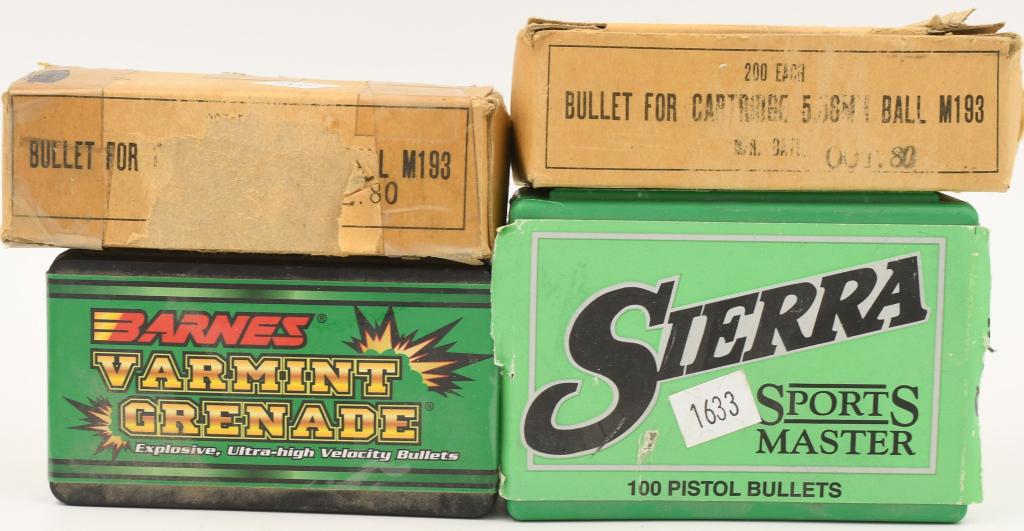 4 boxes Bullet tips: note tips only: There is one box of Barnes Varmint Grenade ultra high velocity bullets, sealed container with 100 tips 22 cal 50 grain HP, there is another box that is SIERRA sports master 9mm .355 dia 115 grain JHP 