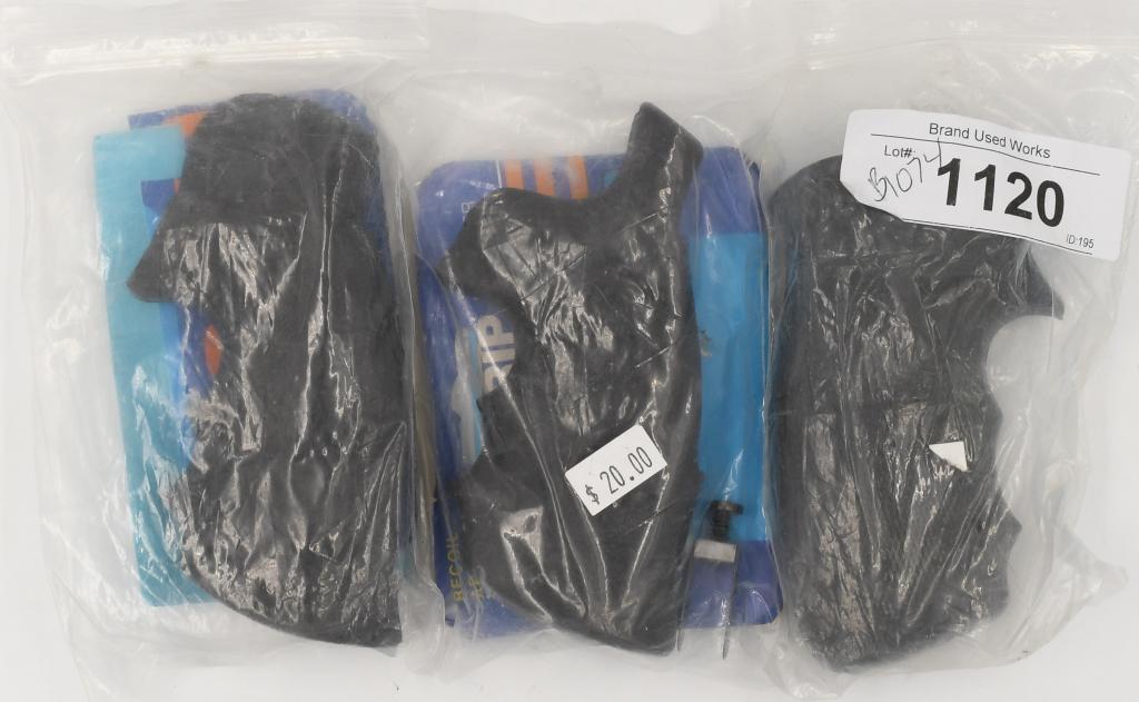 Three various Rubber grips: one is The Pachmayr Gripper (gently used),checkering and finger grooves, second grip is Hogue Monogrip Revolver Rubber grip (appears new??) tag shows Taurus Med Frame Rev model 65,66,80,82,83,669,689,