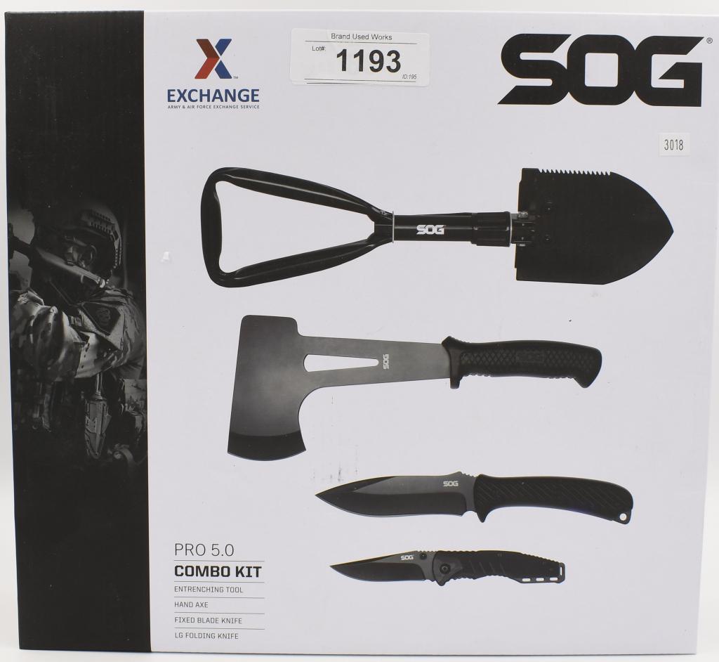 SOG Professional 5.0 Combo Kit: New in box-SOG Professional 5.0 Kit Includes: - Entrenching Tool, - Hand Axe- Fixed Blade Knife- LG Folding Knife, Entrenching Tool: The entrenching tool unfolds to feature a tempered steel blade with