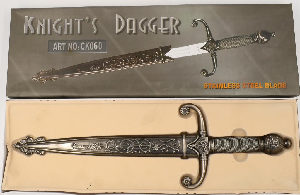 Knight's Dagger & Scabbard: Silver color, measures approx 16" overall, the blade measures approx 10" comes as real nice pre owned condition with the box. catch a great deal and bid on this one! Stainless Steel Blade