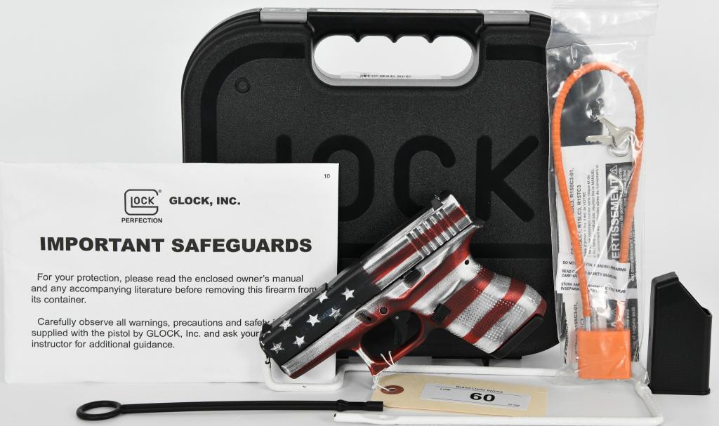 NEW Glock G43 Sub compact 9mm American Flag: Up Next is a Brand New Glock G43 in American Flag Cerakote Finish, It comes in the Factory Hardcase with 2 Mags, Loader, Cleaning Tool, Lock, and Paperwork. More From the Internet Below: The G43 is Gl