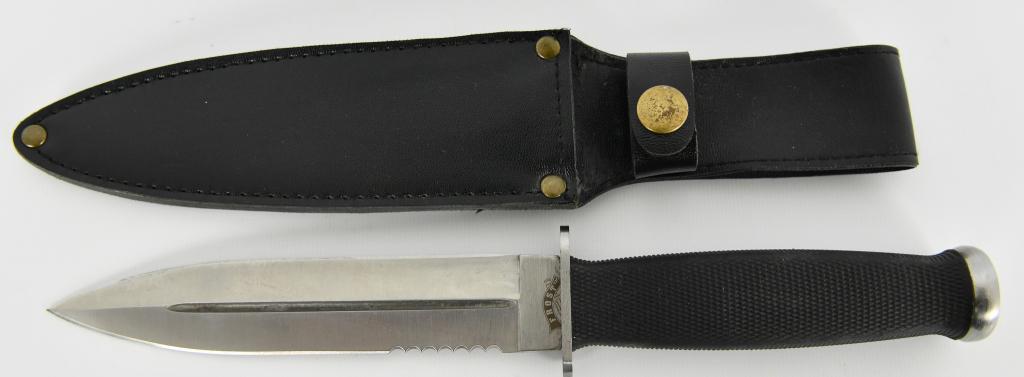 Survival Fighting KNIFE Hand to Hand Combat w/shea: lot contains a real nice Hand to Hand combat survival fighting knife with a blade that measures approx 6.5" in length with a small section of serration, very pointed appears SHARP heavy duty bolster a