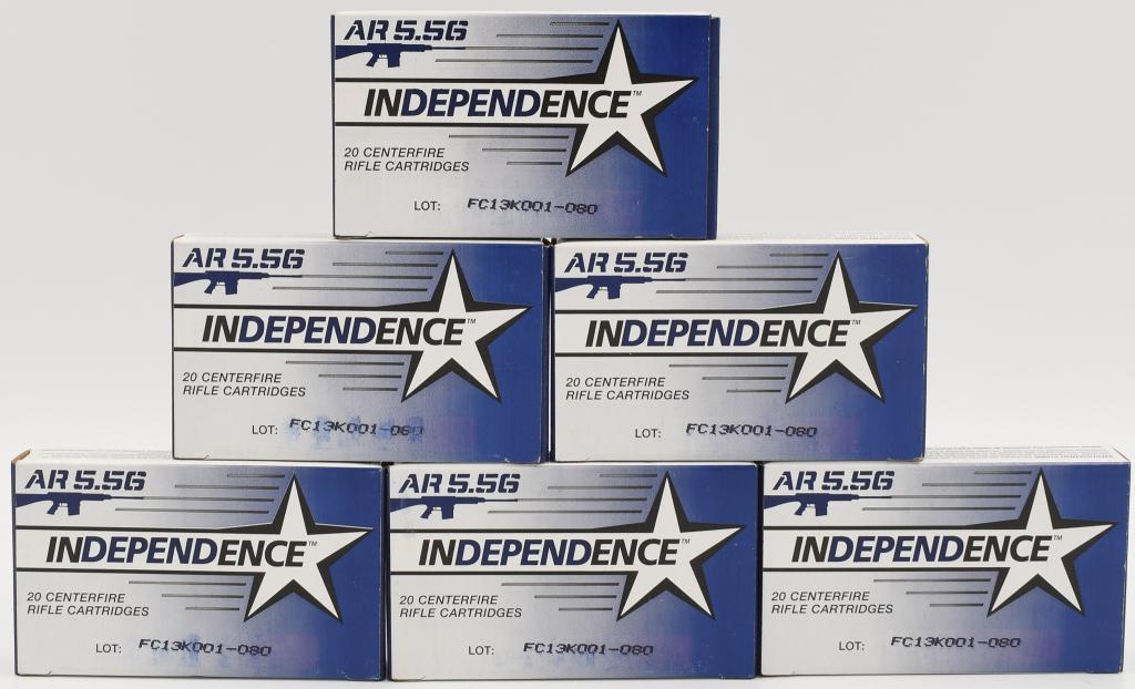 120 Rounds of Independence XM193 5.56 NATO Ammo: 120 Rounds of Independence XM193 5.56 NATO Ammo 55 Grain FMJ Made by ATK the Independance brand reflects all the positive aspects of Federal, Blazer and Lake City made ammunition at a value brand pric