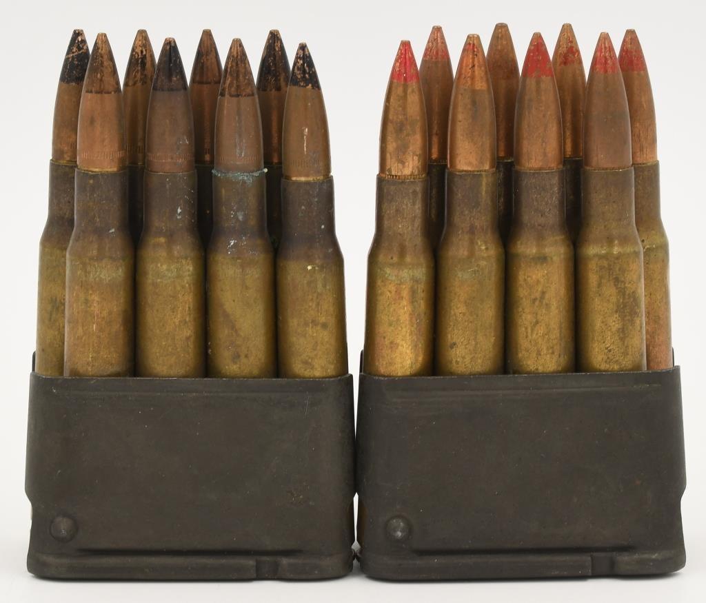 (2) Rare Enbloc M1 Garand clips with .30-06 rds: (2) Rare Enbloc M1 Garand clips with .30-06 rds each clip holds 8 rds - one of the clips has armor piercing rounds and one clip has tracer rounds, great collectible lot,