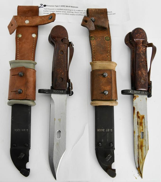 2 Romanian Type 2 AKM / AK-47 Bayonets & Scabbard: Lot of 2 Romanian Type 2 AKM / AK-47 Bayonet with scabbard and Belt frog. Each Bayonet is numbers matching to its scabbard, Each set includes bayonet, scabbard and leather hanger, leather strap, and f