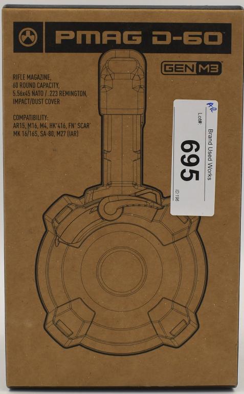 Magpul PMAG D-60 5.56x45 NATO 60-Round Drum Mag: The PMAG D-60 is a durable, lightweight, highly reliable 60-round 5.56x45 NATO/.223 Remington* polymer drum magazine for AR15/M4 compatible weapons. With a larger capacity than previous PMAGs, the PMA