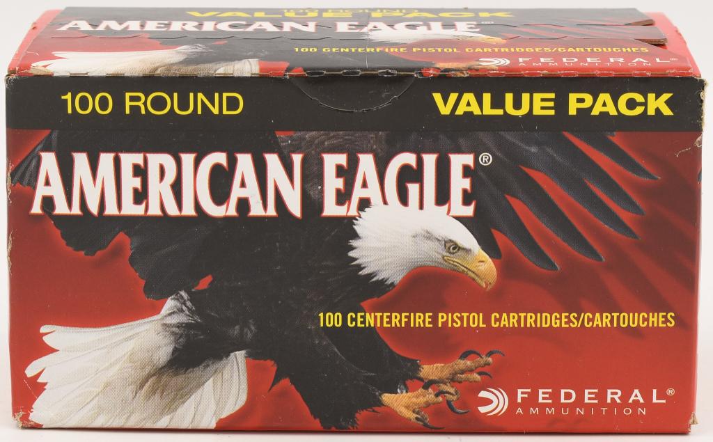 100 Rounds Of American Eagle .45 Auto Ammunition: 100 Rounds Of American Eagle .45 Auto Ammunition 230 Grain Full Metal Jacket Category : Centerfire Handgun Rounds Caliber : 45 Automatic Colt Pistol (ACP) Bullet Type : Full Metal Jacket Bullet Weight