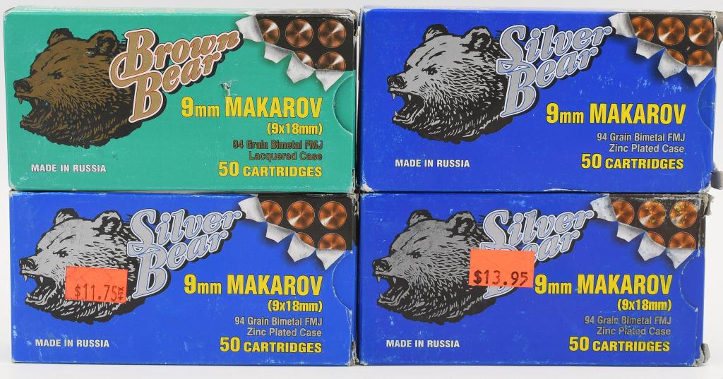 192 Rounds Of Silver Bear 9mm Mak Ammunition: 192 Rounds Of Silver Bear 9mm Mak Ammunition, 94 Grain Full Metal Jacket Steel Case Non Corrosive Berdan Primer Ammunition Made In Russia