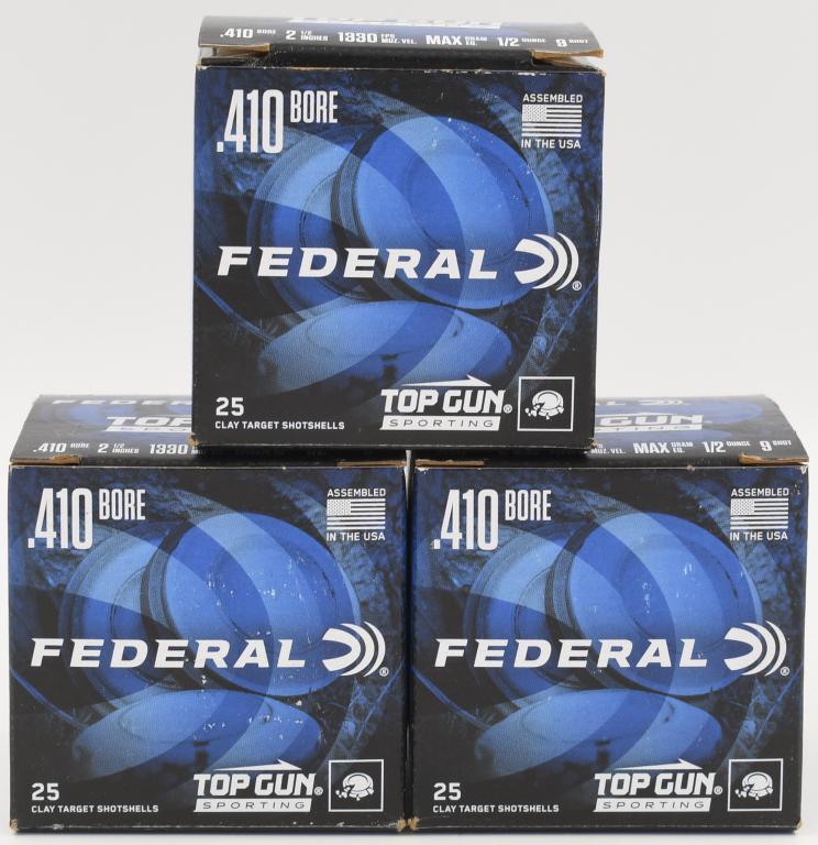 75 Rounds Of Federal Top Gun .410 Bore Ammunition: 75 Rounds Of Federal Top Gun .410 Bore Ammunition, 2-1/2" Shell #9 Lead Shot 1/2 oz 1330 fps If you have shot at a range you have heard don't bet against an old guy with a 410. Not only is he that goo