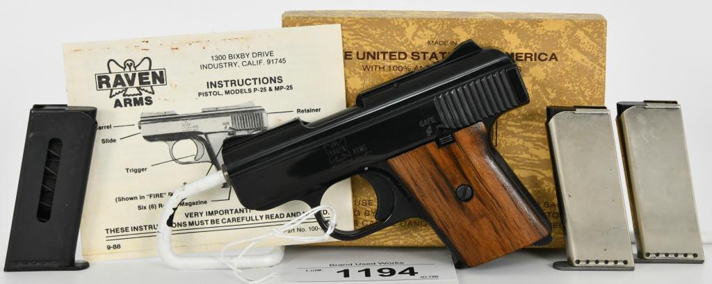 Raven Arms Model MP-25 Semi Auto .25 Cal Pistol: Next up is a Raven Arms Model MP-25 Semi Auto Pistol Chambered in .25 Caliber. it Comes with Four Factory magazines, in The Factory Box With Paperwork, Overall in Excellent Pre-owned Condition.